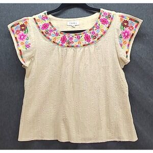 Colorful Cotton Embroidered Top Textured Beige Boho Sz M